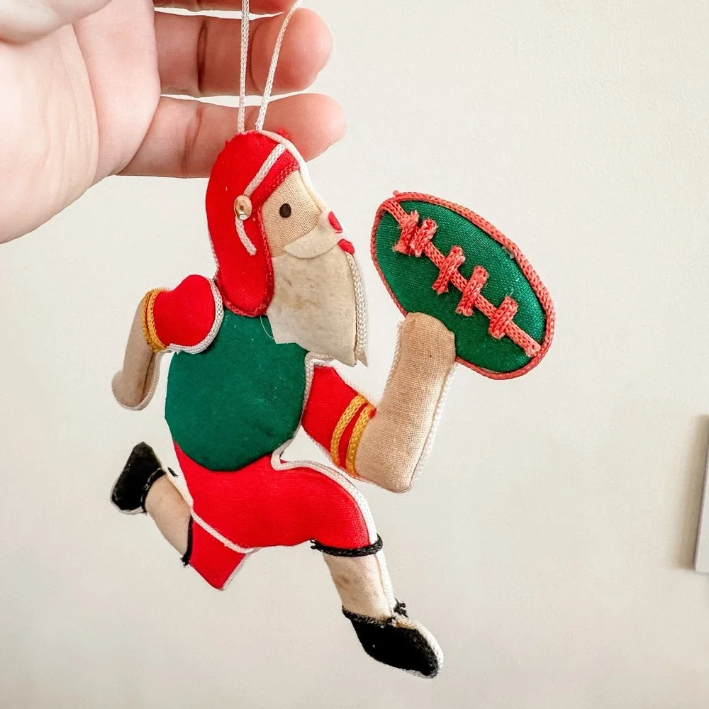 VTG Christmas Ornament Santa Football Player Flat Padded Cardboard 4 1/2